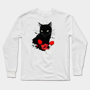 Black Cat and Red Poppies Long Sleeve T-Shirt